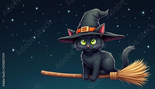 Whimsical Halloween Ride Black Cat Witch on Broom Against Starry Night photo