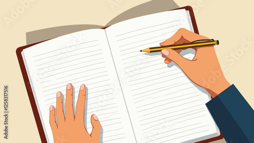 One hands holding a pen or pencil, taking notes in a notebook or setting goals. Vector illustration about the process of writing and making plans.