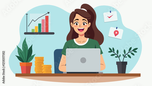 Happy and successful business woman works online on laptop and earns money online. Smiling female freelancer earning financial income from web business, investment and dividends online. Vector.