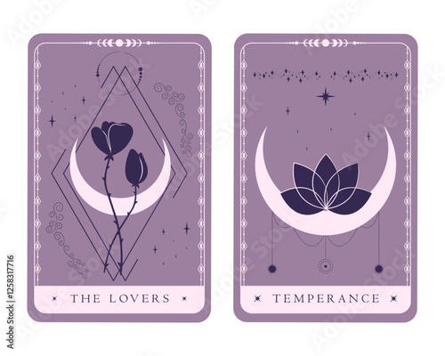 Tarot symbols The Lovers and Temperance. Magical celestial tarot cards of Major Arcana. Mystery, astrology, alchemy. Vector illustration