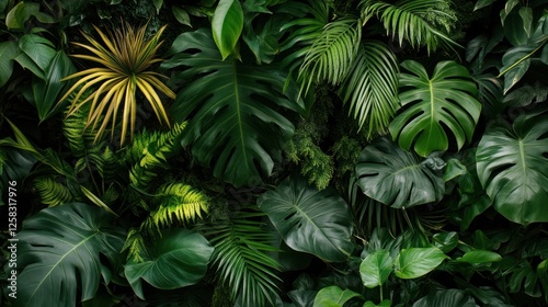 A lush green wall of tropical foliage showcasing a variety of leaves, bringing a vibrant and refreshing natural element to any space.