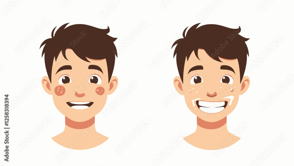 Man with two different skin conditions: Acne, blackheads and healthy skin. Skin care, dermatological check, facial mask and cream. The process of youthful skin care and shrinking facial pores. Man with two different skin conditions: Acne, blackheads and healthy skin. Skin care, dermatological check, facial mask and cream. The process of youthful skin care and shrinking facial pores.