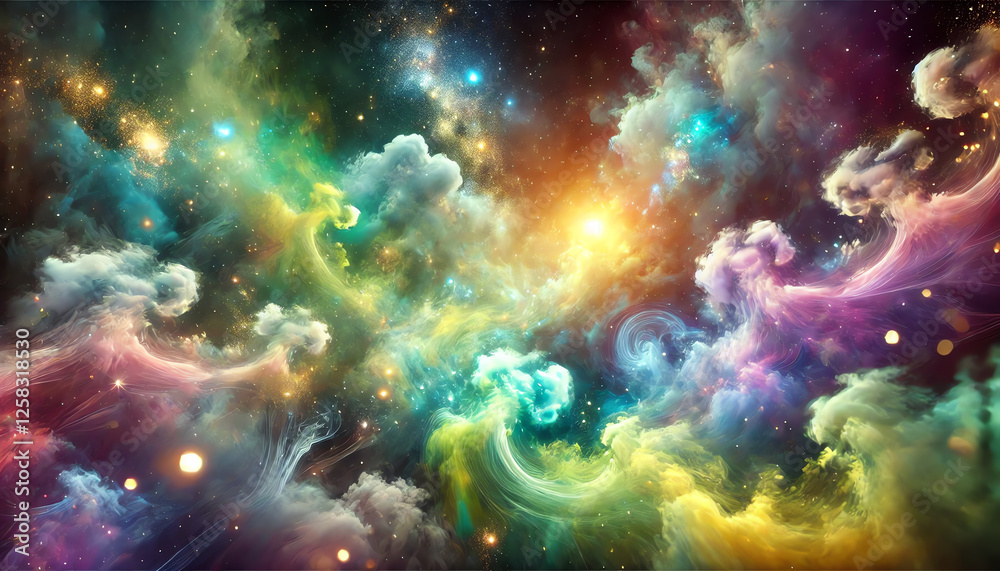 Fototapeta premium A cosmic or dream-like environment surrounded by swirling, colorful mist and light particles with glowing nebula-like