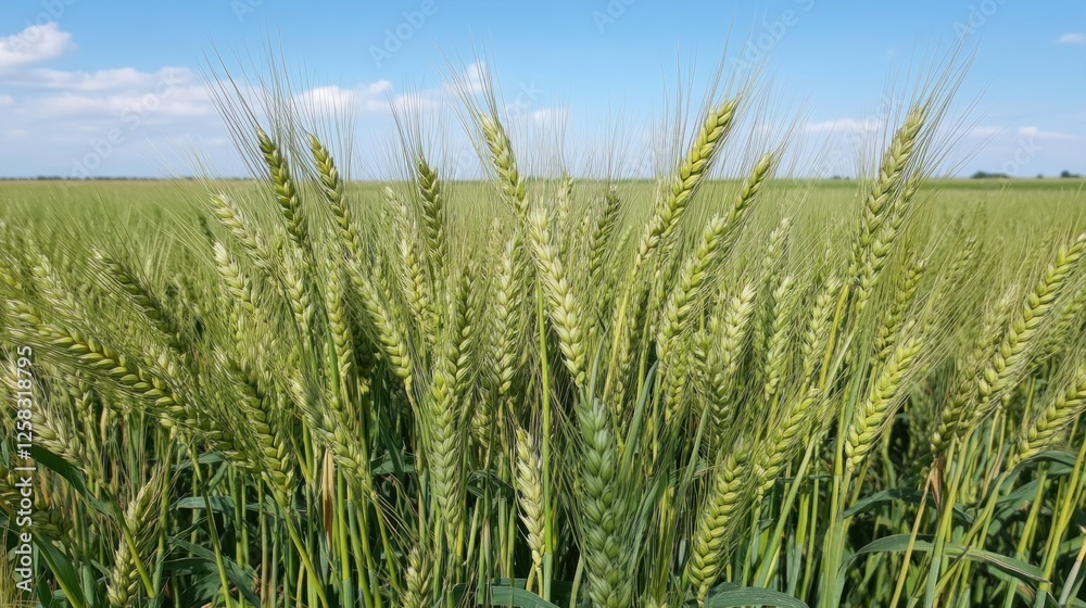 Green wheat field under sunny sky. Agriculture, summer harvest Green wheat field under sunny sky. Agriculture, summer harvest