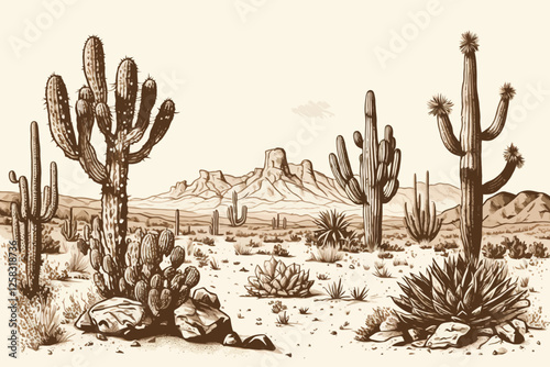 Hand draw background with desert. Cactus illustration.