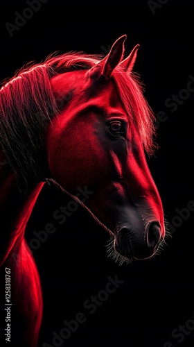 Neon Red Horse, on Black Background, Abstract Image, Texture, Pattern Background, Wallpaper, Cover and Screen of Smartphone, PC, Laptop, 9:16 and 16:9 Format photo