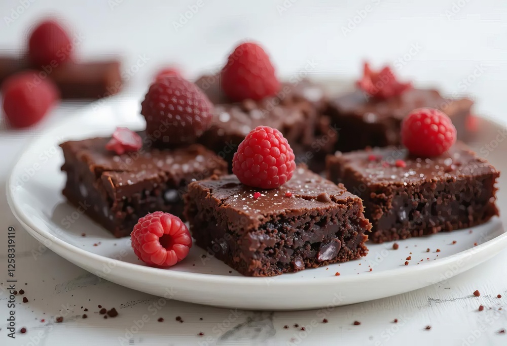 A chocolate dessert with strawberries and mint on a white plate, with a raspberry chocolate brownie on the side. The background is white. A chocolate dessert with strawberries and mint on a white plate, with a raspberry chocolate brownie on the side. The background is white.