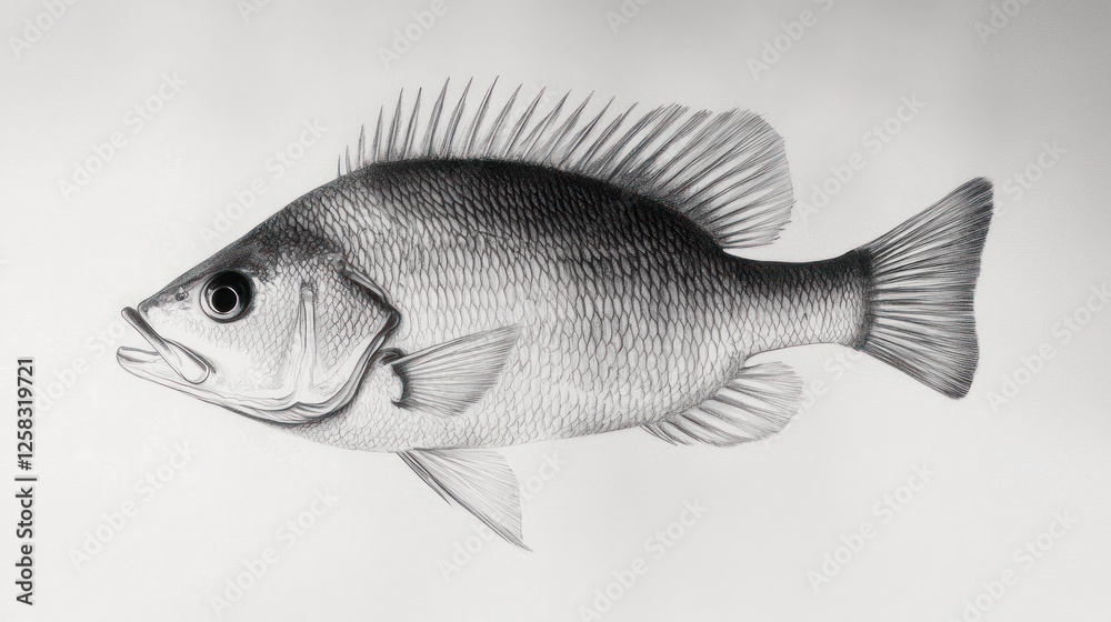 Obraz premium Monochrome fish illustration, studio shot, white background, educational use