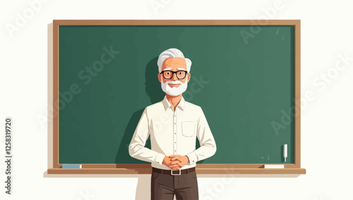 Male teacher standing in front of the classroom blackboard. The teacher, who is teaching a lesson to his students, makes a statement on the board. Presented in flat design style with vector illustrati