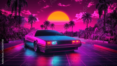 A sleek, futuristic car is parked on a neon-lit road surrounded by palm trees under a vivid pink and purple sky.