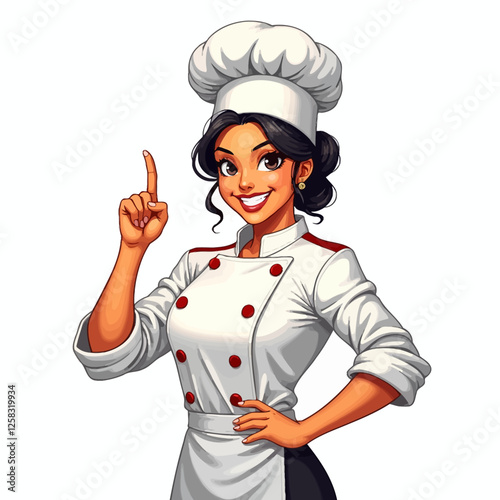 Confident female chef pointing. Vector illustration captures a moment where the chef professionally navigates the kitchen, showing a strong presence.