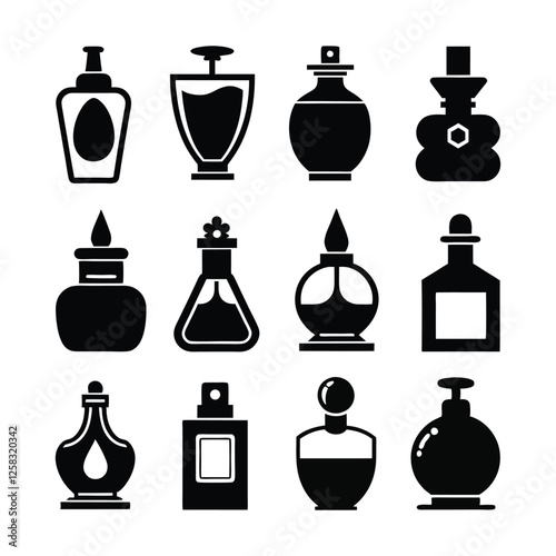 black and white perfume bottle icons set