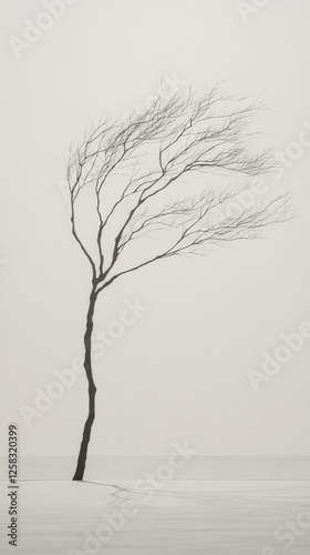 Solitary, windswept tree in a minimalist winter landscape