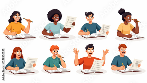 Education concept illustration: Cute students learning and self-improvement. The simple design is presented with a mega set in outline style.