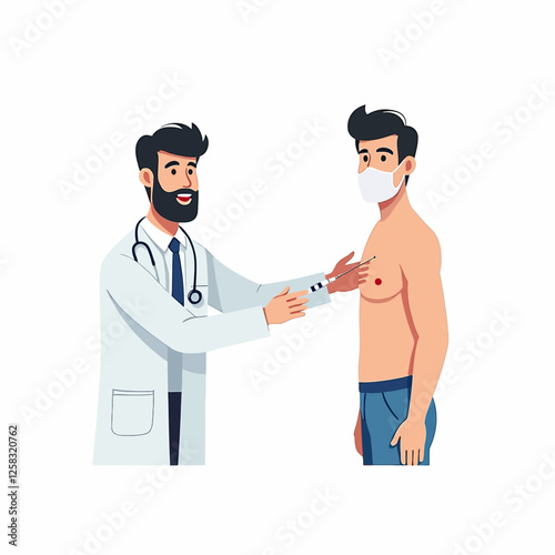 Vaccination concept for immune health: Doctor determines the first vaccination in the arm muscle of a person while giving a flu vaccine in the hospital. Vector illustration showing the working of heal