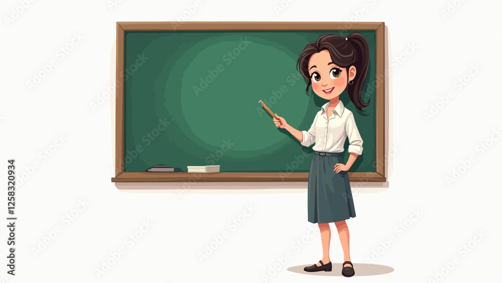 Female teacher pointing at the blackboard reflects a moment teaching her students. Teacher guides students while sharing knowledge in class and explains an important topic on the board. Female teacher pointing at the blackboard reflects a moment teaching her students. Teacher guides students while sharing knowledge in class and explains an important topic on the board.