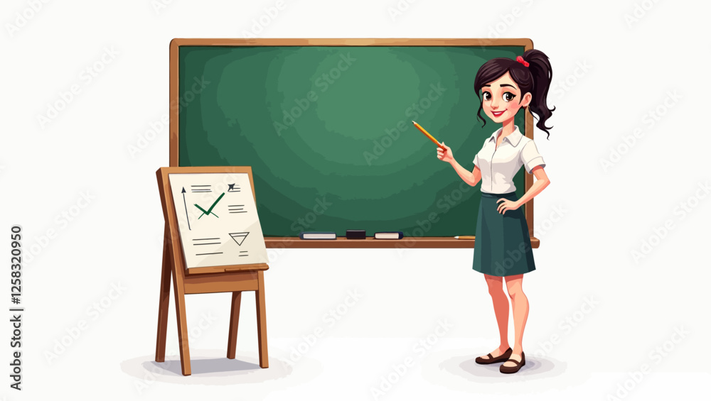 Female teacher pointing at the blackboard reflects a moment teaching her students. Teacher guides students while sharing knowledge in class and explains an important topic on the board. Female teacher pointing at the blackboard reflects a moment teaching her students. Teacher guides students while sharing knowledge in class and explains an important topic on the board.
