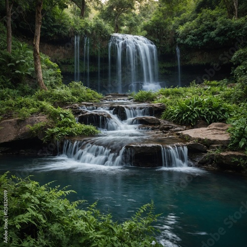A waterfall cascading into a pool surrounded by greenery.

