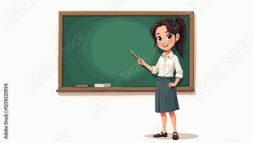 Female teacher pointing at the blackboard reflects a moment teaching her students. Teacher guides students while sharing knowledge in class and explains an important topic on the board.