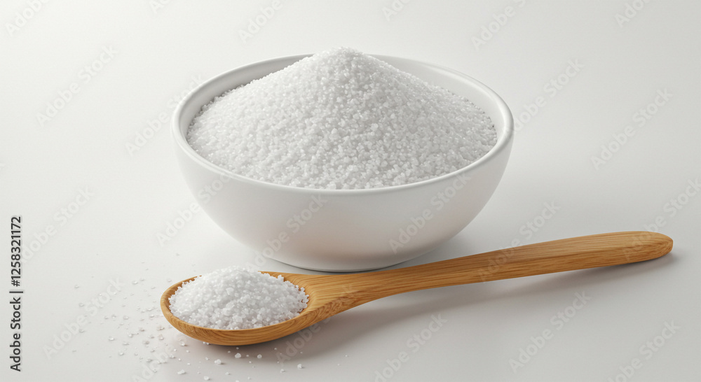 A realistic photo of finely ground table salt in a small, white ceramic bowl, accompanied by a wooden spoon resting beside it A realistic photo of finely ground table salt in a small, white ceramic bowl, accompanied by a wooden spoon resting beside it