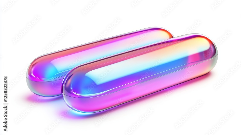 Two Iridescent Capsules in Vibrant Colors: A Stunning 3D Art Piece for Modern Design and Medical Illustration. A Creative Geometric Abstract Design with Holographic Effects Two Iridescent Capsules in Vibrant Colors: A Stunning 3D Art Piece for Modern Design and Medical Illustration. A Creative Geometric Abstract Design with Holographic Effects