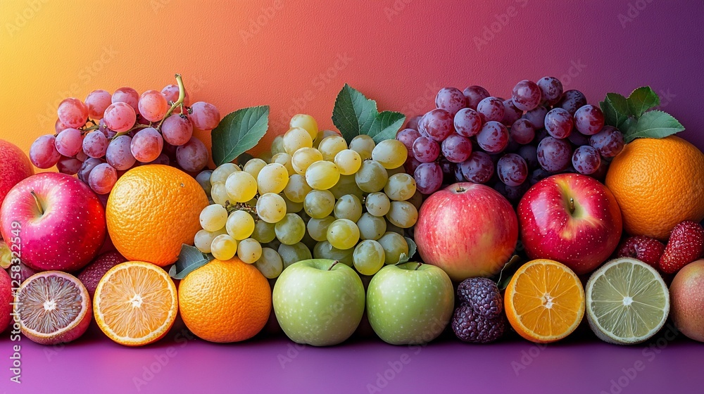 A vibrant arrangement of assorted fruits including apples, oranges, and grapes against a colorful gradient background A vibrant arrangement of assorted fruits including apples, oranges, and grapes against a colorful gradient background