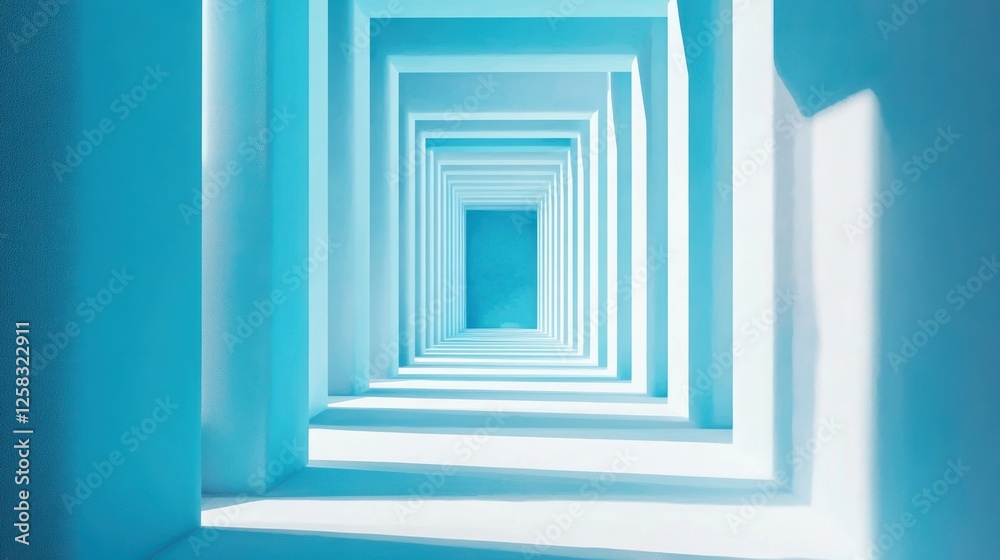 Obraz premium A mesmerizing perspective of a blue corridor, showcasing an endless series of geometric shapes and shadows, evoking a sense of depth and tranquility.