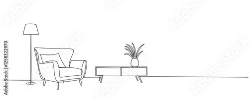 continuous line drawing showcases minimalist Scandinavian furniture and plant. Scandinavian stylish furniture for living room or hotel concept in simple linear style. Doodle illustration