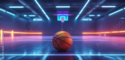 A basketball is placed at the center of an indoor court, with neon lights shining in front and behind it.