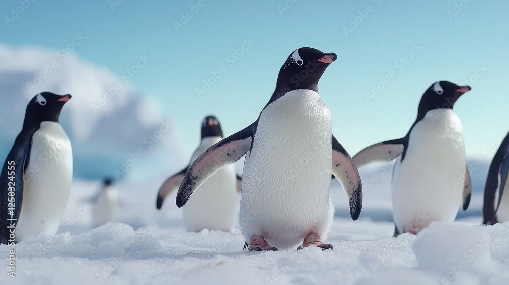 Obraz premium Adélie Penguins Walking on Snowy Ice in Bright Antarctic Landscape