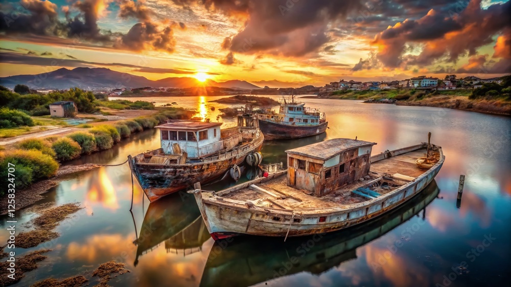 Obraz premium Abandoned Boats, Temo River Harbor, Sardinia: Rustic Coastal Decay