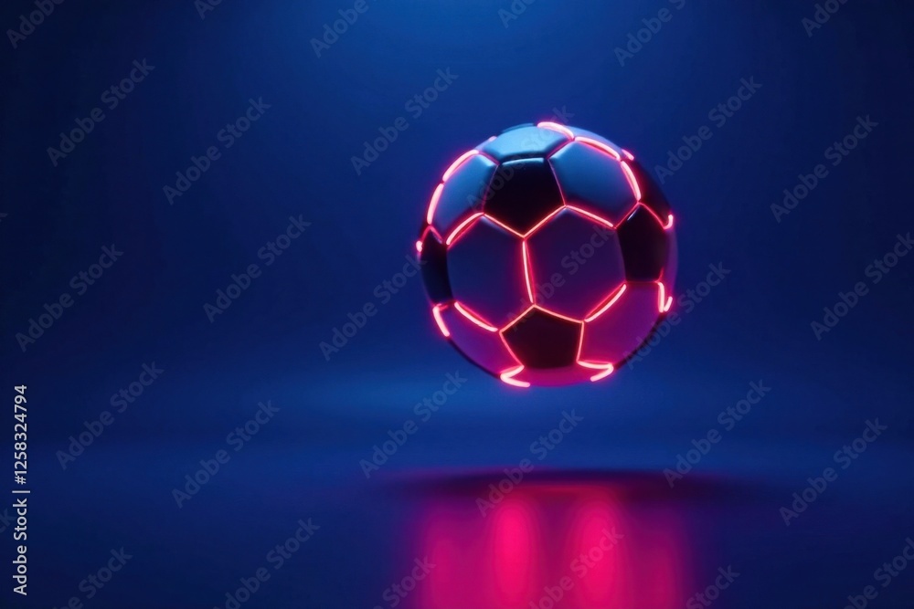 Naklejka premium Glowing neon soccer ball suspended in mid-air over a deep blue background with subtle gradient effect, background, gradient, glowing