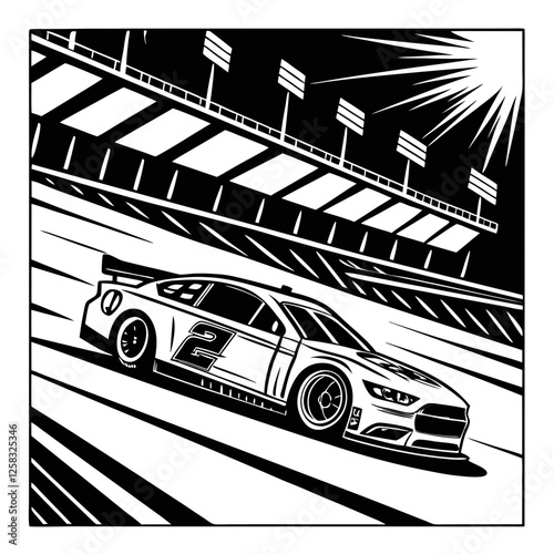 Capture the raw power and deafening sound of a NASCAR race car's engine during a race, emphasizing the blurred motion and intense atmosphere.