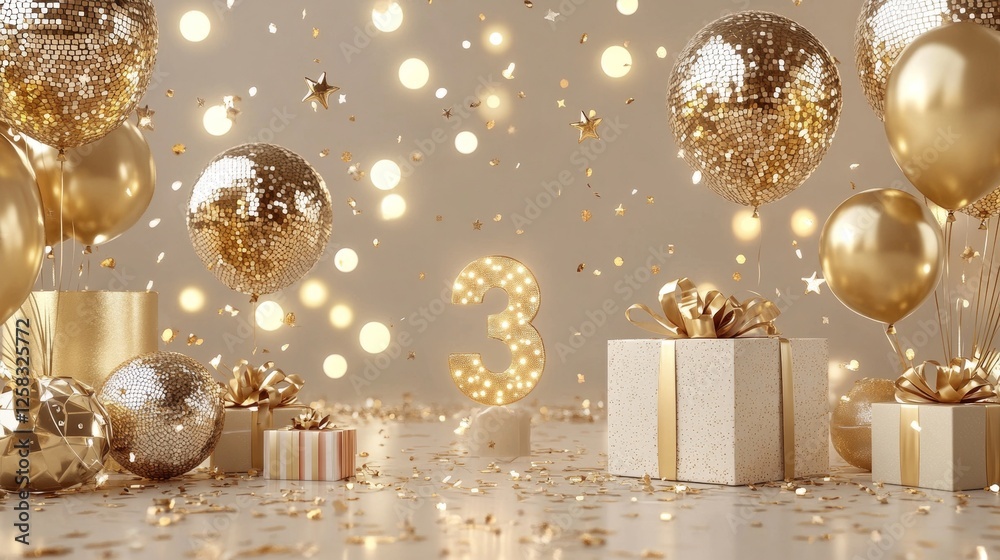 Gold festive balloons 3 year anniversary with golden confetti, presents, mirror ball and stars fly on a beige background with bokeh lights and sparks. Birthday luxury three card, a creative idea Gold festive balloons 3 year anniversary with golden confetti, presents, mirror ball and stars fly on a beige background with bokeh lights and sparks. Birthday luxury three card, a creative idea
