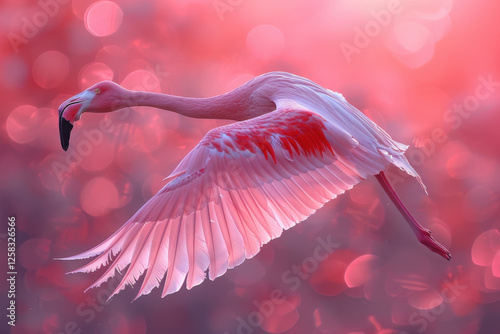 Pink flamingo in flight against a vibrant pink background at sunset over the water