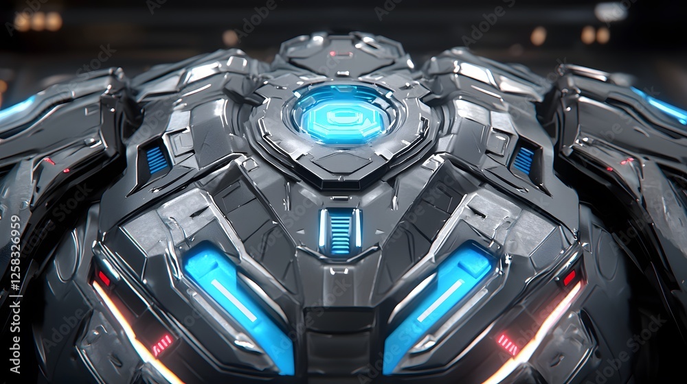 Futuristic Metallic Surface With Blue Lights And Intricate Design Futuristic Metallic Surface With Blue Lights And Intricate Design
