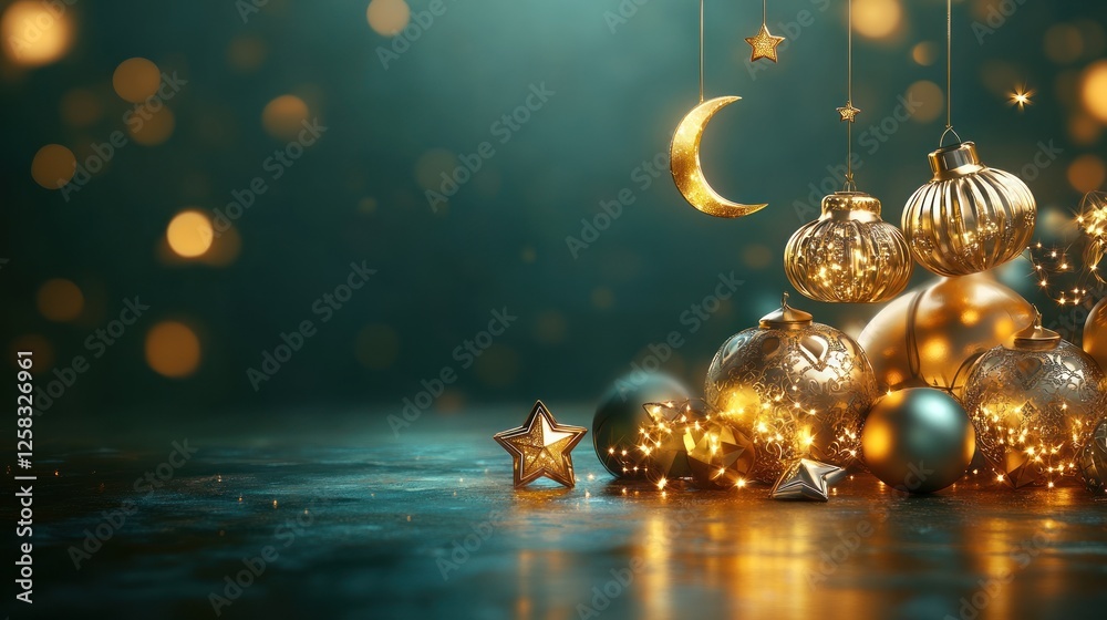 Fototapeta premium Golden Festive Ornaments Moon Stars Dark Teal Background