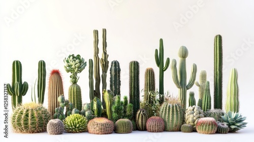 Diverse cacti collection on white background; botanical studio shot for design