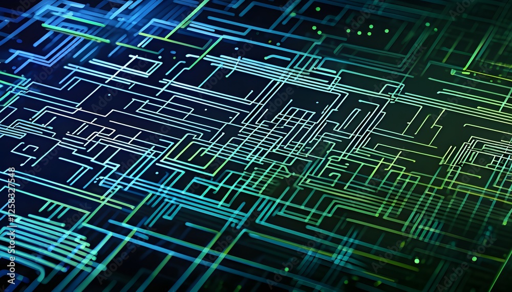 Obraz premium Abstract digital art showcasing a complex network of glowing teal and green lines on a dark background. interconnected pathways.