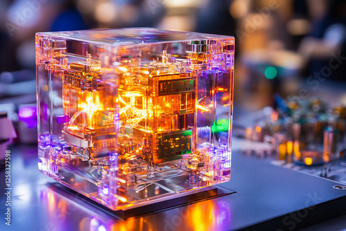 Quantum clock in transparent cube with glowing circuits, quantum particles in orbit, ultra-modern design, and nanosecond precision digital readout for future technology photo