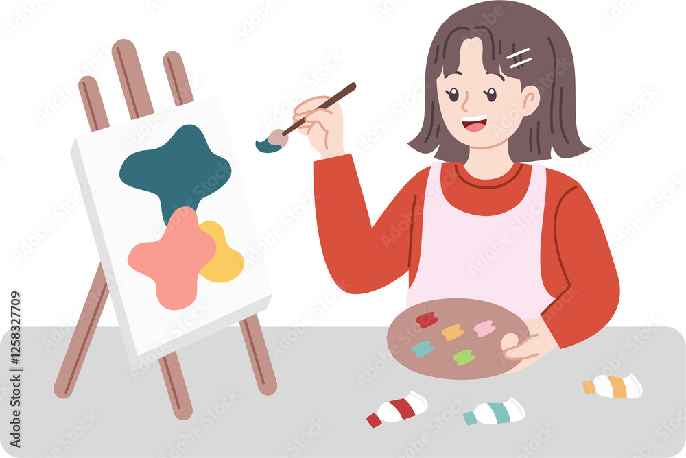cute kid painting in an easel character cute kid painting in an easel character