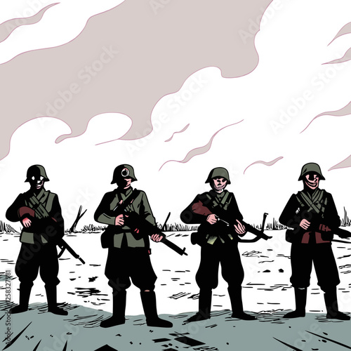 Depiction of decaying zombie soldiers in tattered military uniforms, armed with assault rifles and grenades, set in a post-apocalyptic battlefield.