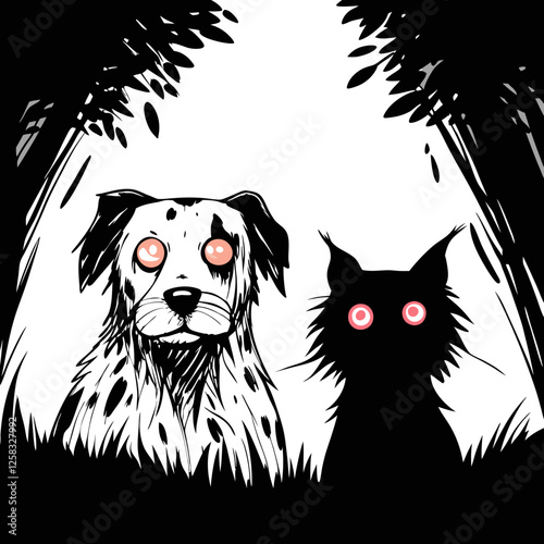 Create a digital painting of undead pets, dogs and cats, with eerie glowing eyes and decaying flesh, maintaining a slightly cartoonish style.