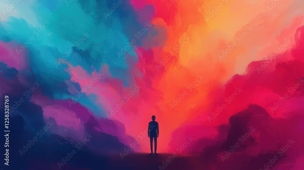 Fototapeta premium Surreal Landscape with Figure in Vibrant Colorful Sky Background