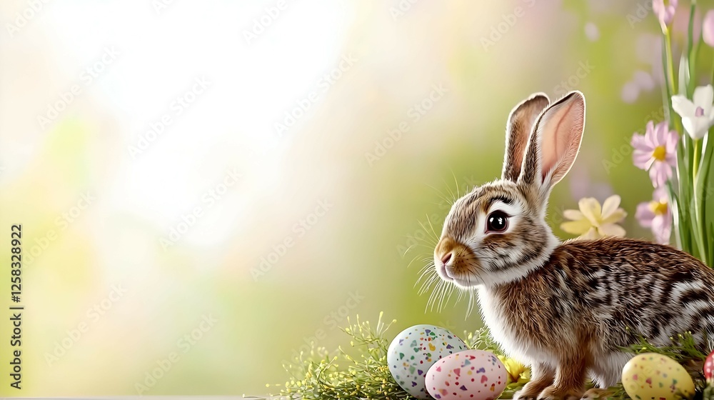 Obraz premium Brown Rabbit with Easter Eggs and Spring Flowers