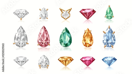 Stones, precious gems and diamonds isolated on white background. Vector illustration presenting an elegant collection of diamonds and gemstones.vector illustration.