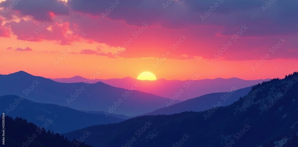 Gradient sky at sunset with mountains in background, horizon, colors Gradient sky at sunset with mountains in background, horizon, colors