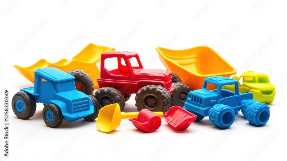 Colorful plastic toy trucks and shovels on white Colorful plastic toy trucks and shovels on white