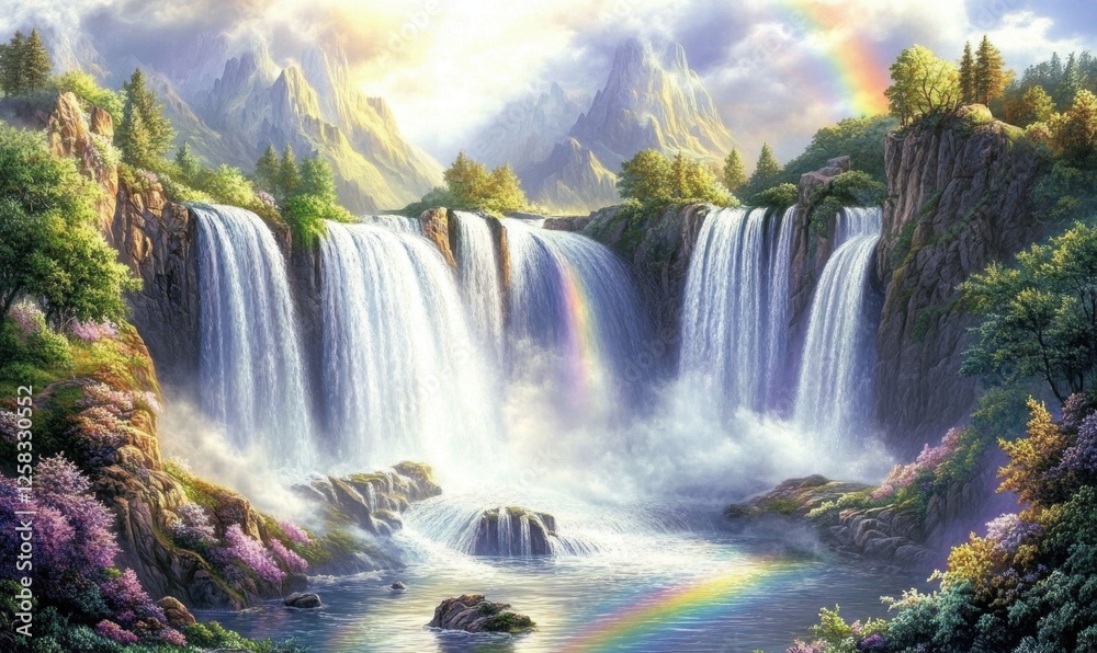 Obraz premium Majestic waterfall cascading down mountains, rainbow, serene nature, idyllic landscape, perfect for posters