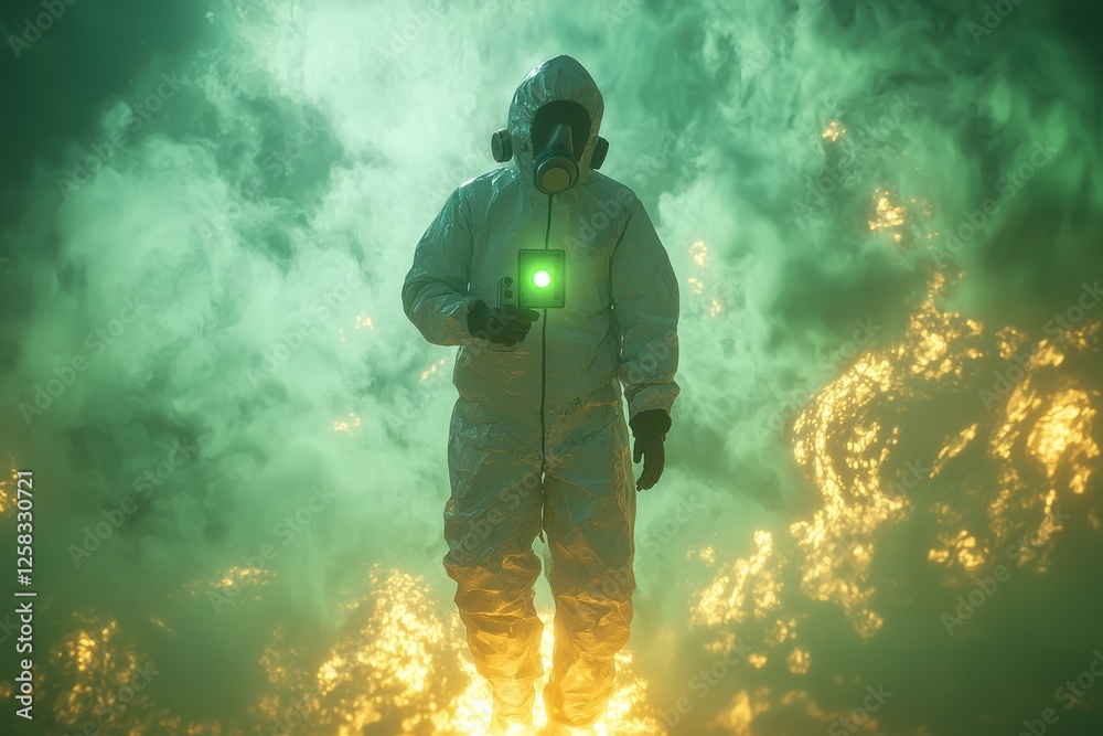 A scientist in a hazmat suit stands amidst vibrant green smoke, holding a device with a glowing green screen, highlighting environmental research and safety protocols. A scientist in a hazmat suit stands amidst vibrant green smoke, holding a device with a glowing green screen, highlighting environmental research and safety protocols.